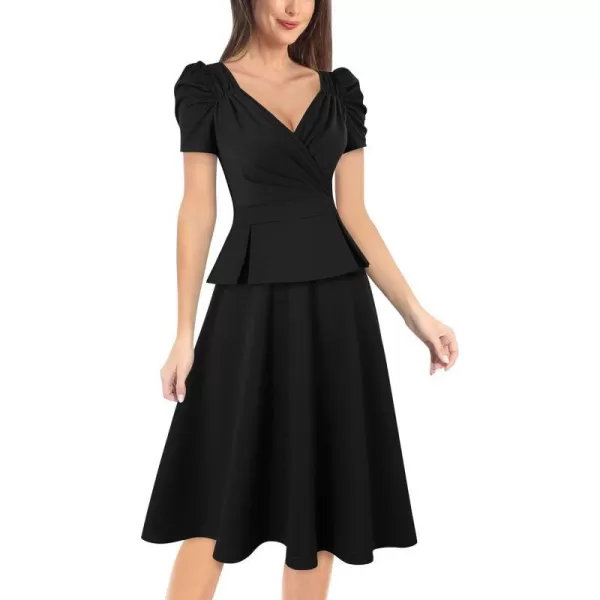 VFSHOW Womens 2024 Business Work Office Puff Sleeve Faux Wrap V Neck Peplum Fit and Flare A line DressBlack