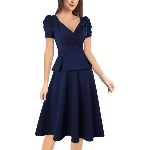 VFSHOW Womens 2024 Business Work Office Puff Sleeve Faux Wrap V Neck Peplum Fit and Flare A line DressDark Blue