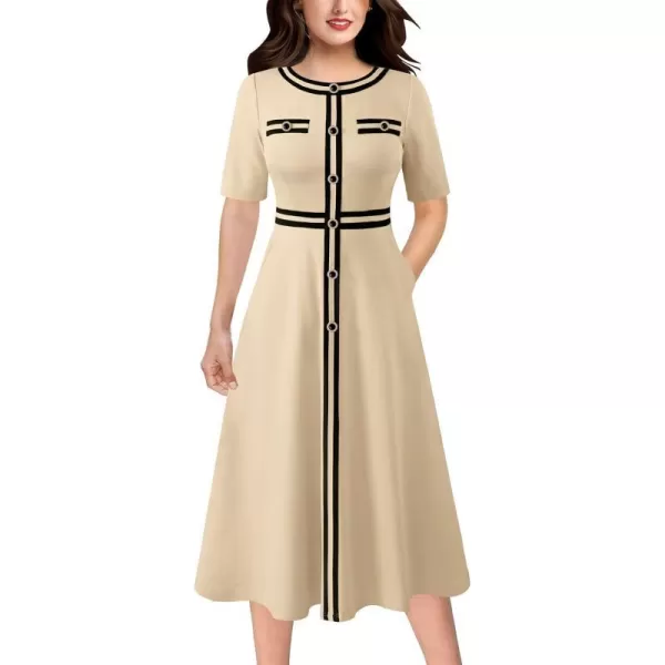 VFSHOW Womens Buttons Patchwork Work Business Office ALine Midi Crew Neck Professional Career Fit and Flare MidCalf DressBeige Short Sleeve