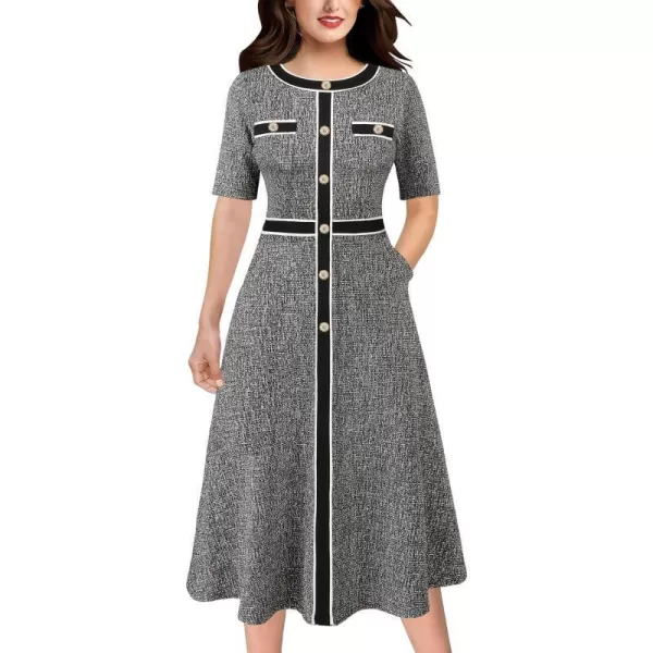 VFSHOW Womens Buttons Patchwork Work Business Office ALine Midi Crew Neck Professional Career Fit and Flare MidCalf DressBlack Tweed Short Sleeve