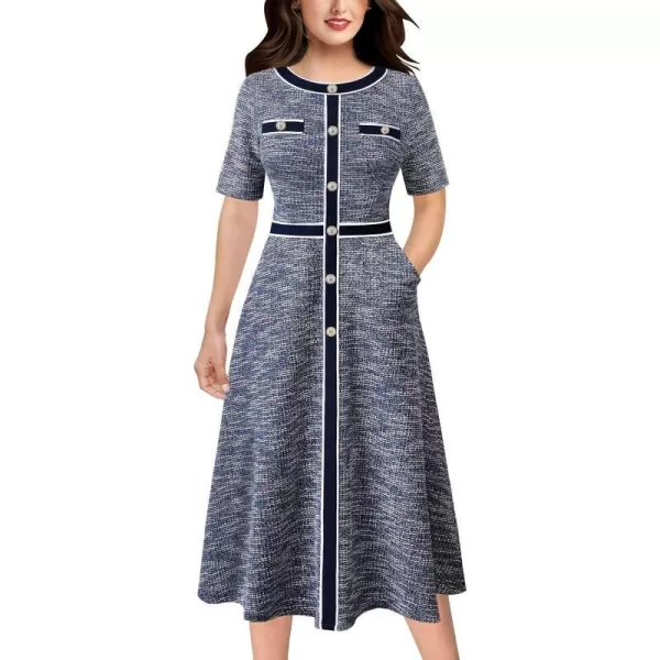 VFSHOW Womens Buttons Patchwork Work Business Office ALine Midi Crew Neck Professional Career Fit and Flare MidCalf DressBlue Tweed Short Sleeve