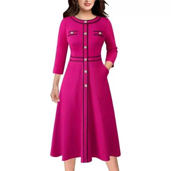 VFSHOW Womens Buttons Patchwork Work Business Office ALine Midi Crew Neck Professional Career Fit and Flare MidCalf DressHot Pink34 Sleeve2