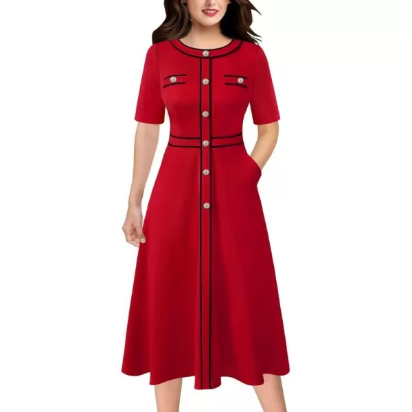 VFSHOW Womens Buttons Patchwork Work Business Office ALine Midi Crew Neck Professional Career Fit and Flare MidCalf DressRed Short Sleeve