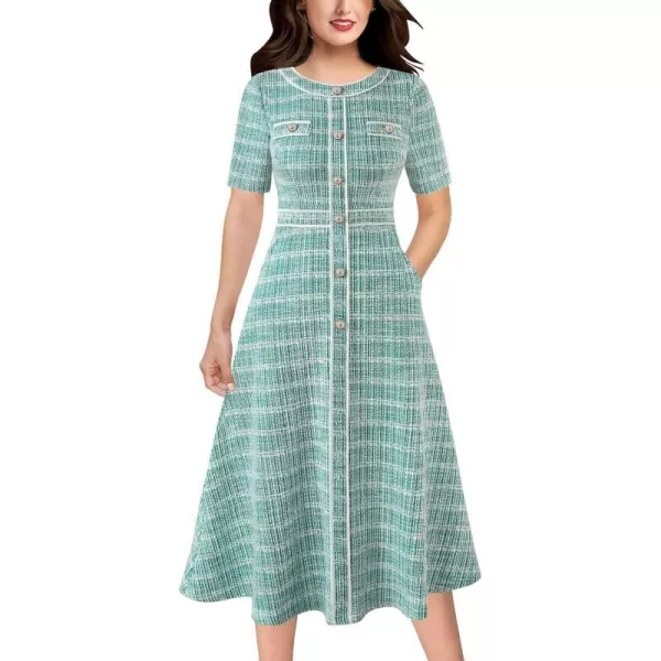 VFSHOW Womens Buttons Patchwork Work Business Office ALine Midi Crew Neck Professional Career Fit and Flare MidCalf DressTeal Green Tweed Short Sleeves