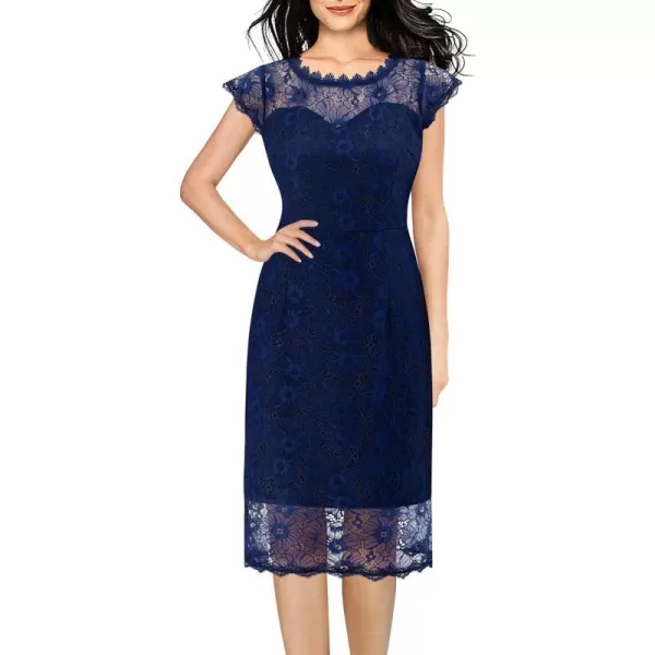 VFSHOW Womens Contrast Floral Lace Shift Scalloped Crew Neck Slim Cocktail Party DressNavy Blue Floral Lace