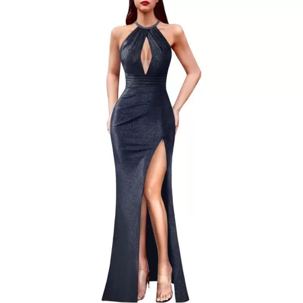 VFSHOW Womens Formal Prom Beaded Halter Neck Sexy Keyhole Front Ruched Maxi Dress 2024 High Split Long Cocktail Evening GownSparkly Navy Blue