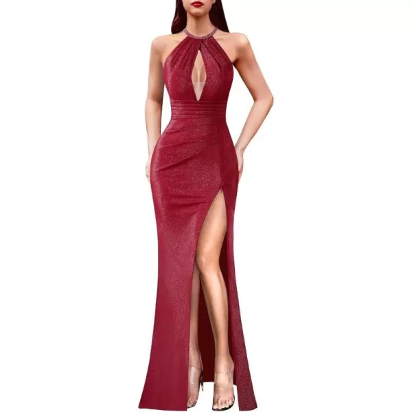 VFSHOW Womens Formal Prom Beaded Halter Neck Sexy Keyhole Front Ruched Maxi Dress 2024 High Split Long Cocktail Evening GownSparkly Red