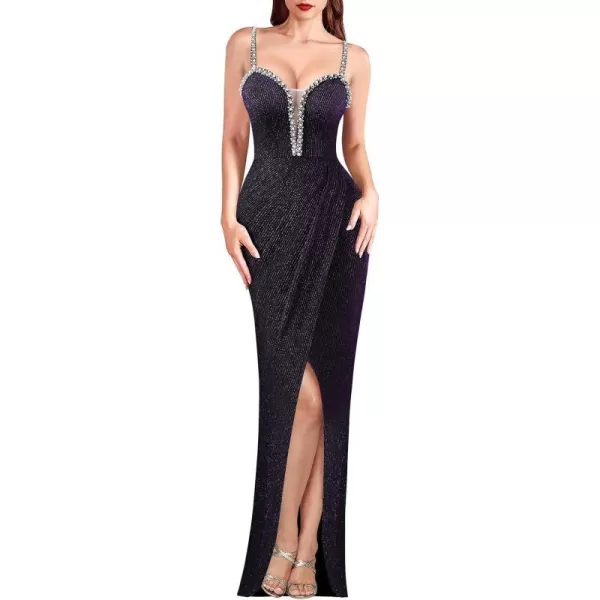 VFSHOW Womens Formal Prom Beaded Spaghetti Strap Deep V Neck Ruched Maxi Dress Sexy Tulip Split Wedding Guest Evening GownBlack With Purple Metallic Stitching