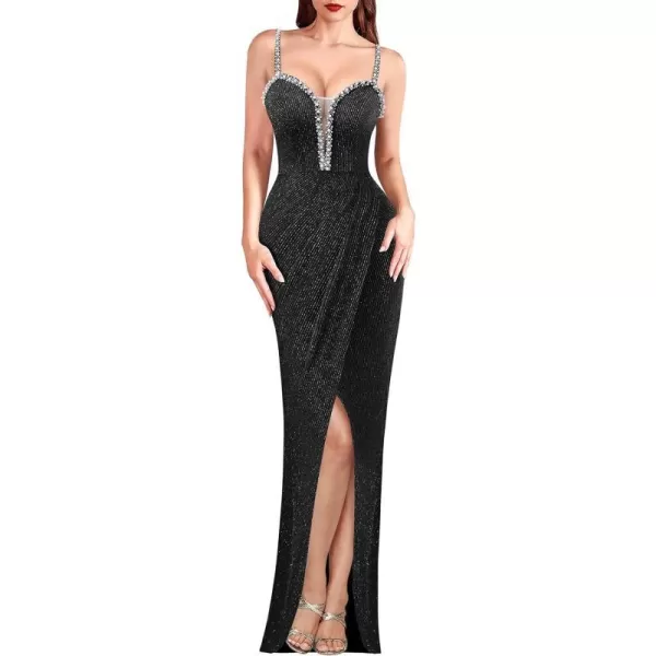 VFSHOW Womens Formal Prom Beaded Spaghetti Strap Deep V Neck Ruched Maxi Dress Sexy Tulip Split Wedding Guest Evening GownBlack With Silver Metallic Stitching