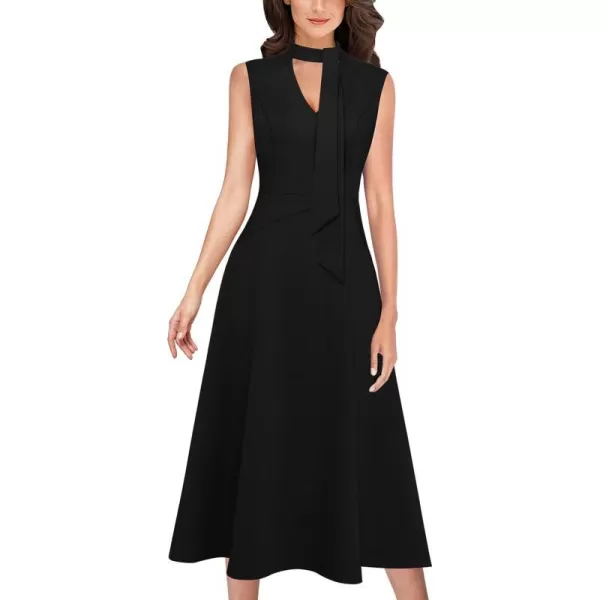 VFSHOW Womens Keyhole Front Patchwork Pockets Pleated Casual Party ALine Midi DressBlack Sleeveless