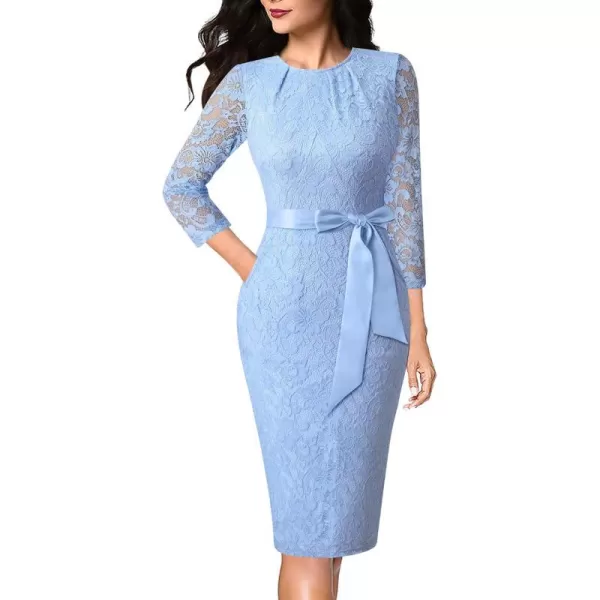 VFSHOW Womens Pleated Crew Neck Belted Pockets Slim Work Business Office Bodycon Pencil Sheath DressLight Blue Lace