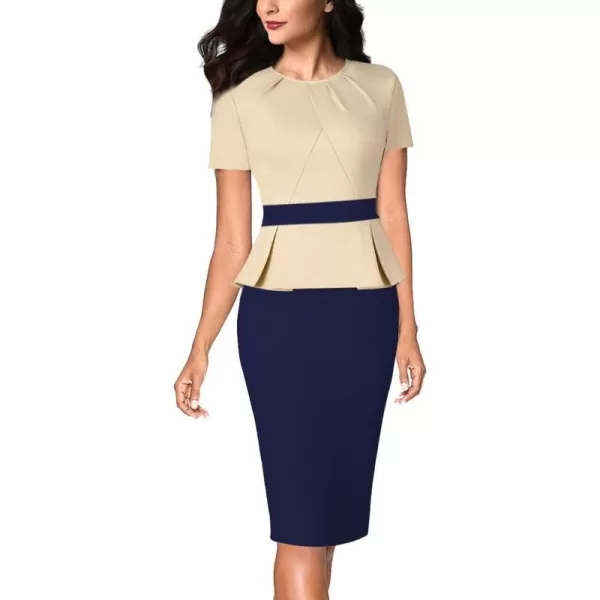 VFSHOW Womens Pleated Crew Neck Peplum Wear to Work Office Sheath DressBeige and Dark Blue