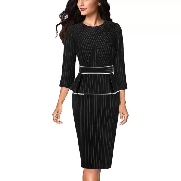 VFSHOW Womens Pleated Crew Neck Peplum Wear to Work Office Sheath DressBlack  White Stripes