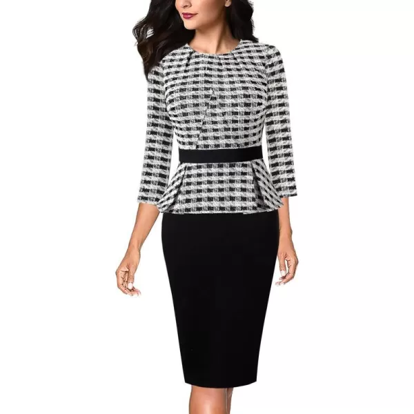 VFSHOW Womens Pleated Crew Neck Peplum Wear to Work Office Sheath DressBlack Beige Tweed Plaid  Black