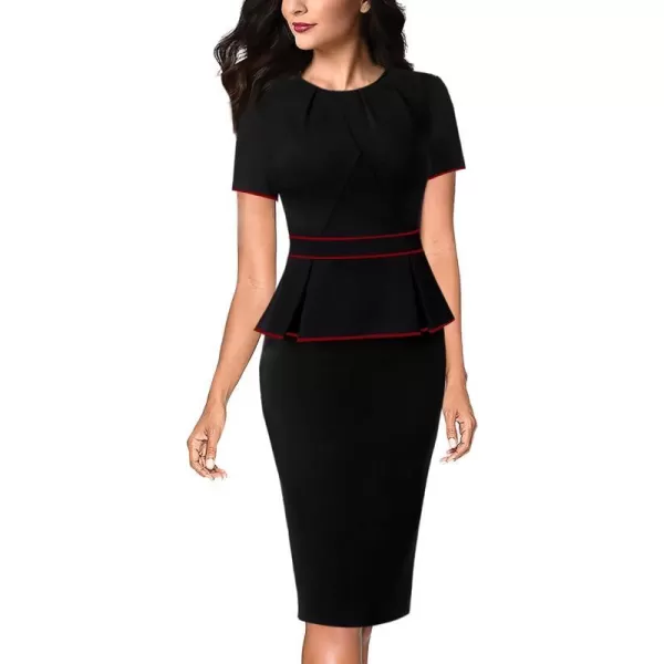 VFSHOW Womens Pleated Crew Neck Peplum Wear to Work Office Sheath DressBlack With Red Piping4