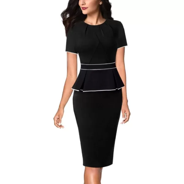 VFSHOW Womens Pleated Crew Neck Peplum Wear to Work Office Sheath DressBlack With White Piping