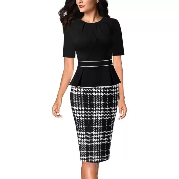 VFSHOW Womens Pleated Crew Neck Peplum Wear to Work Office Sheath DressBlack and Houndstooth Print