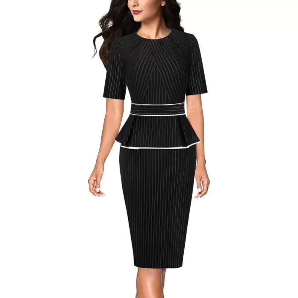 VFSHOW Womens Pleated Crew Neck Peplum Wear to Work Office Sheath DressBlack and White Stripes