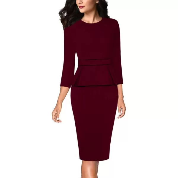 VFSHOW Womens Pleated Crew Neck Peplum Wear to Work Office Sheath DressDark Red  Black Piping