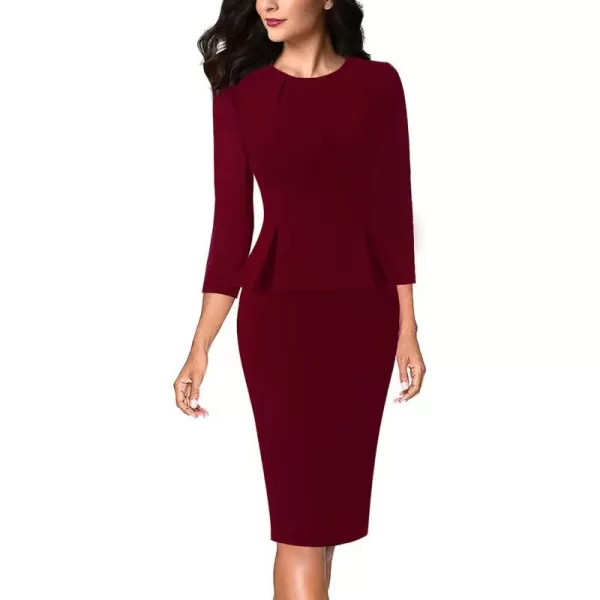 VFSHOW Womens Pleated Crew Neck Peplum Wear to Work Office Sheath DressDark Red