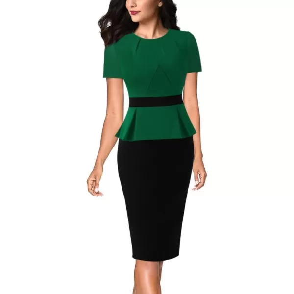 VFSHOW Womens Pleated Crew Neck Peplum Wear to Work Office Sheath DressGreen and Black