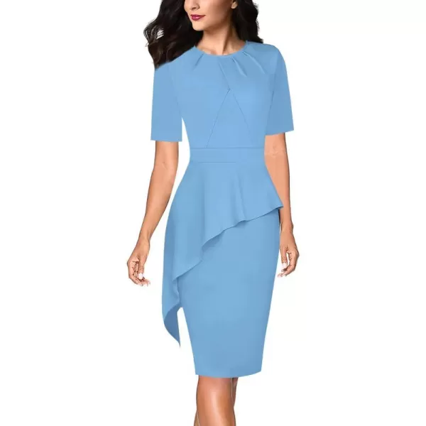 VFSHOW Womens Pleated Crew Neck Peplum Wear to Work Office Sheath DressLight Blue