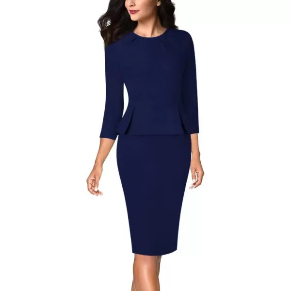 VFSHOW Womens Pleated Crew Neck Peplum Wear to Work Office Sheath DressNavy Blue34 Sleeve