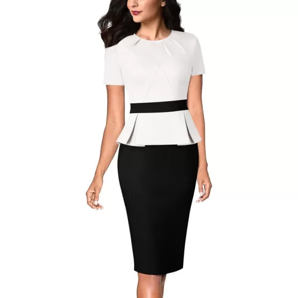 VFSHOW Womens Pleated Crew Neck Peplum Wear to Work Office Sheath DressOff White and Black