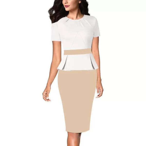 VFSHOW Womens Pleated Crew Neck Peplum Wear to Work Office Sheath DressOffwhite and Beige