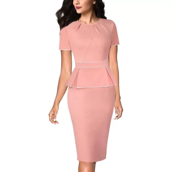 VFSHOW Womens Pleated Crew Neck Peplum Wear to Work Office Sheath DressPeach Pink With White Piping