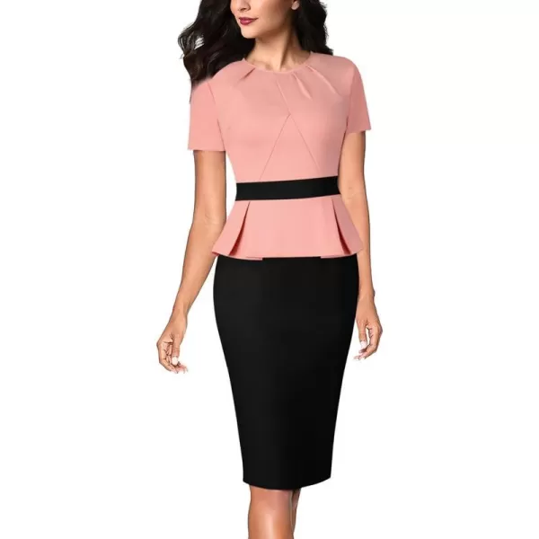 VFSHOW Womens Pleated Crew Neck Peplum Wear to Work Office Sheath DressPeach and Black