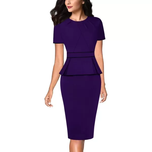 VFSHOW Womens Pleated Crew Neck Peplum Wear to Work Office Sheath DressPurple With Black Piping