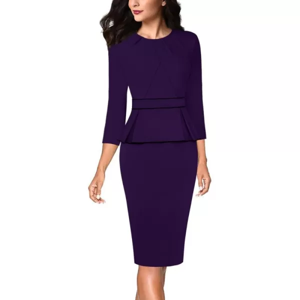 VFSHOW Womens Pleated Crew Neck Peplum Wear to Work Office Sheath DressPurple With Black Piping2