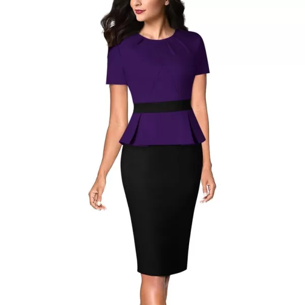 VFSHOW Womens Pleated Crew Neck Peplum Wear to Work Office Sheath DressPurple and Black2