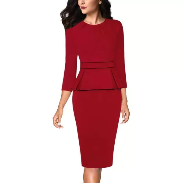 VFSHOW Womens Pleated Crew Neck Peplum Wear to Work Office Sheath DressRed  Black Piping3