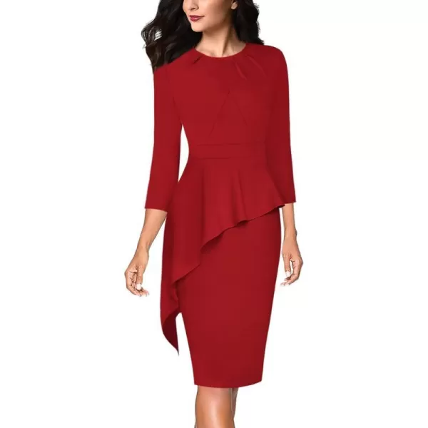 VFSHOW Womens Pleated Crew Neck Peplum Wear to Work Office Sheath DressRed Asymmetrical Peplum2