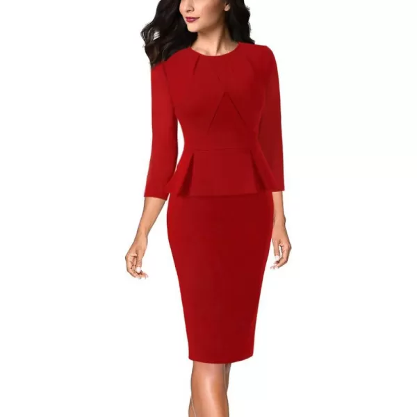 VFSHOW Womens Pleated Crew Neck Peplum Wear to Work Office Sheath DressRed Three Quarter Sleeve