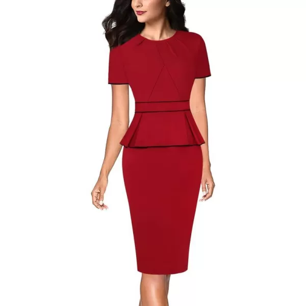 VFSHOW Womens Pleated Crew Neck Peplum Wear to Work Office Sheath DressRed With Black Piping