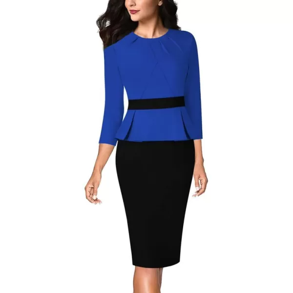 VFSHOW Womens Pleated Crew Neck Peplum Wear to Work Office Sheath DressRoyal Blue  Black2