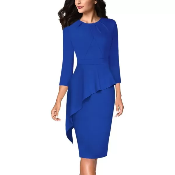 VFSHOW Womens Pleated Crew Neck Peplum Wear to Work Office Sheath DressRoyal Blue Asymmetrical Peplum2