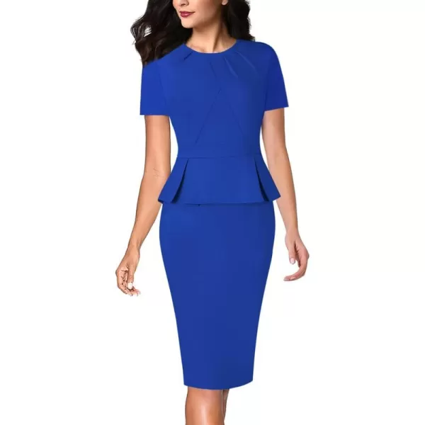 VFSHOW Womens Pleated Crew Neck Peplum Wear to Work Office Sheath DressRoyal Blueshort Sleeve