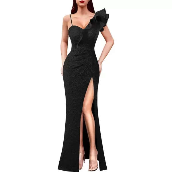 VFSHOW Womens Ruffle One Shoulder Strap Ruched Formal Prom Wedding Maxi Dress V Neck Elegant Split Cocktail Evening Long GownBlack Floral Lace