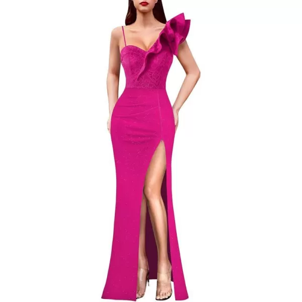 VFSHOW Womens Ruffle One Shoulder Strap Ruched Formal Prom Wedding Maxi Dress V Neck Elegant Split Cocktail Evening Long GownHot Pink Floral Lacehot Pink