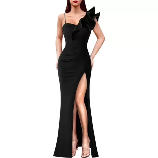 VFSHOW Womens Ruffle One Shoulder Strap Ruched Formal Prom Wedding Maxi Dress V Neck Elegant Split Cocktail Evening Long GownSolid Black