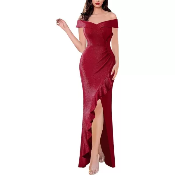 VFSHOW Womens Sexy Off Shoulder Ruched Ruffle Split Wrap Prom Formal Maxi Dress 2023 Wedding Guest Cocktail Evening Long GownSparkly Red2