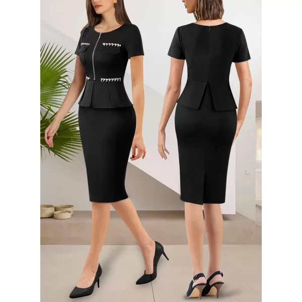 VFSHOW Womens 2024 Business Work Office Peplum Crew Neck Front Zipper Pockets Sheath Bodycon DressBlack