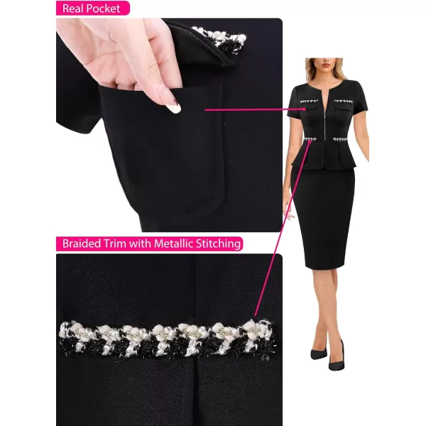 VFSHOW Womens 2024 Business Work Office Peplum Crew Neck Front Zipper Pockets Sheath Bodycon DressBlack