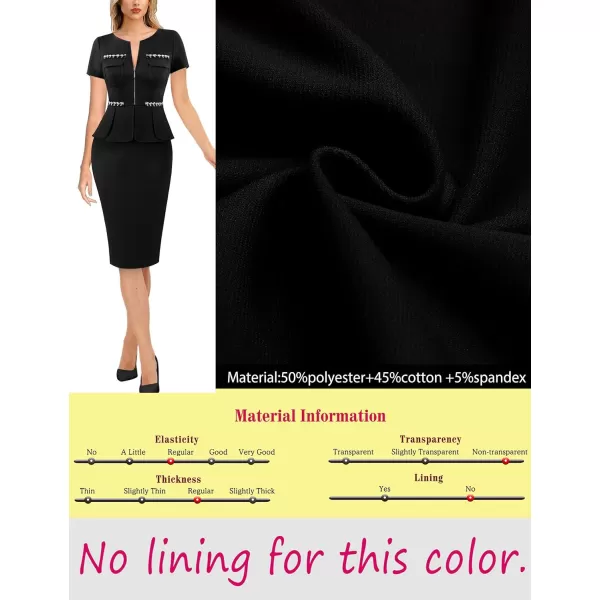 VFSHOW Womens 2024 Business Work Office Peplum Crew Neck Front Zipper Pockets Sheath Bodycon DressBlack