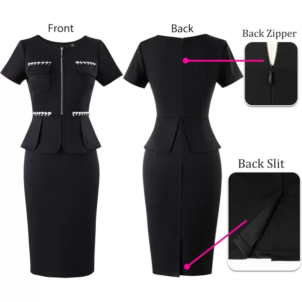 VFSHOW Womens 2024 Business Work Office Peplum Crew Neck Front Zipper Pockets Sheath Bodycon DressBlack