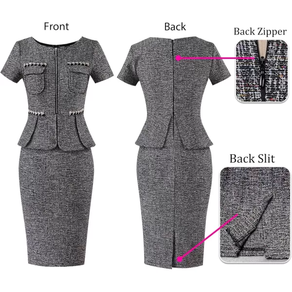 VFSHOW Womens 2024 Business Work Office Peplum Crew Neck Front Zipper Pockets Sheath Bodycon DressBlack Tweed